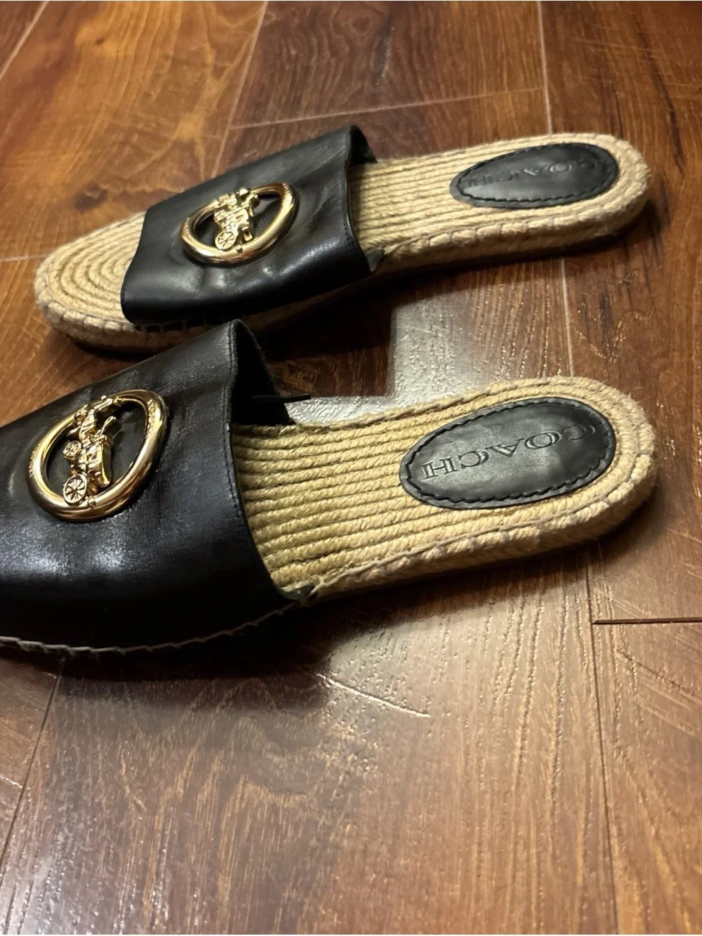 Coach Shoes Coach Camille Espadrille Jute Footbead Black Leather Gold Size 7